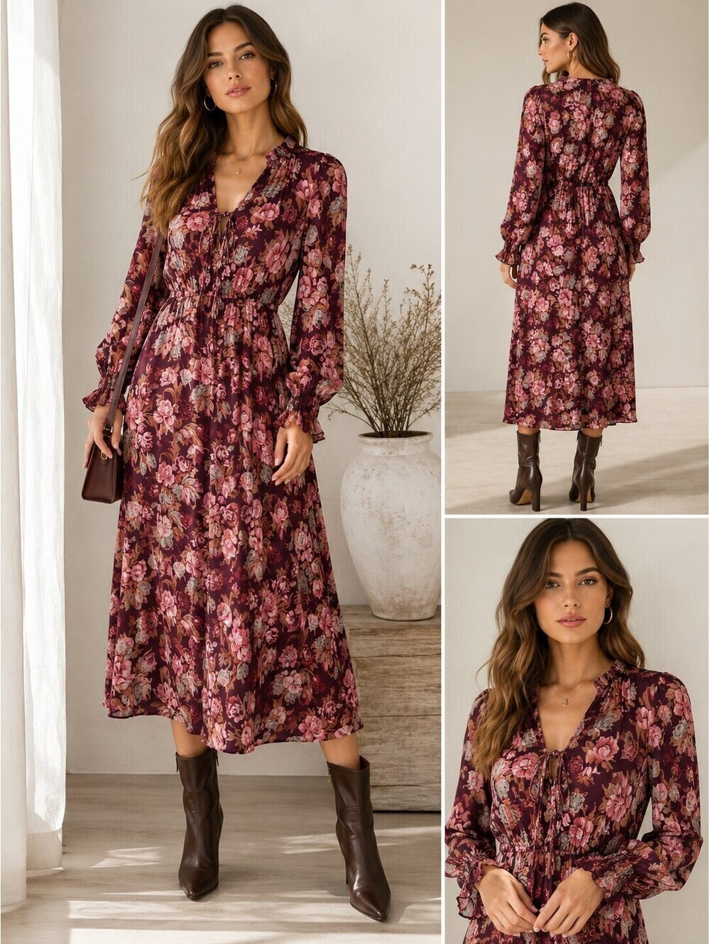 Wilfred Aritzia NWT Floral Midi Dress Burgundy Pink Long Sleeve Tie Neck XS